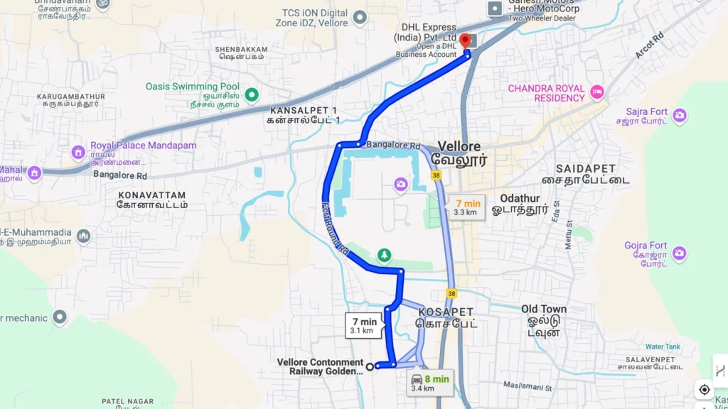 the image is about google map direction of vellore contonment railway station to jk inn 