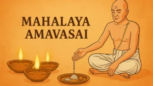 Illustration of a Hindu man performing Tarpanam ritual on Mahalaya Amavasai with diyas and food offerings on a plate, symbolizing ancestor worship.