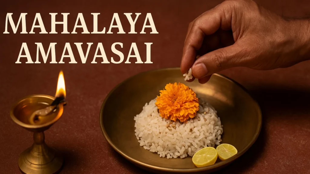 Close-up of Mahalaya Amavasai ritual with rice, marigold flower, lemon, and lit brass diya on a plate, showing traditional Hindu ancestor offerings.