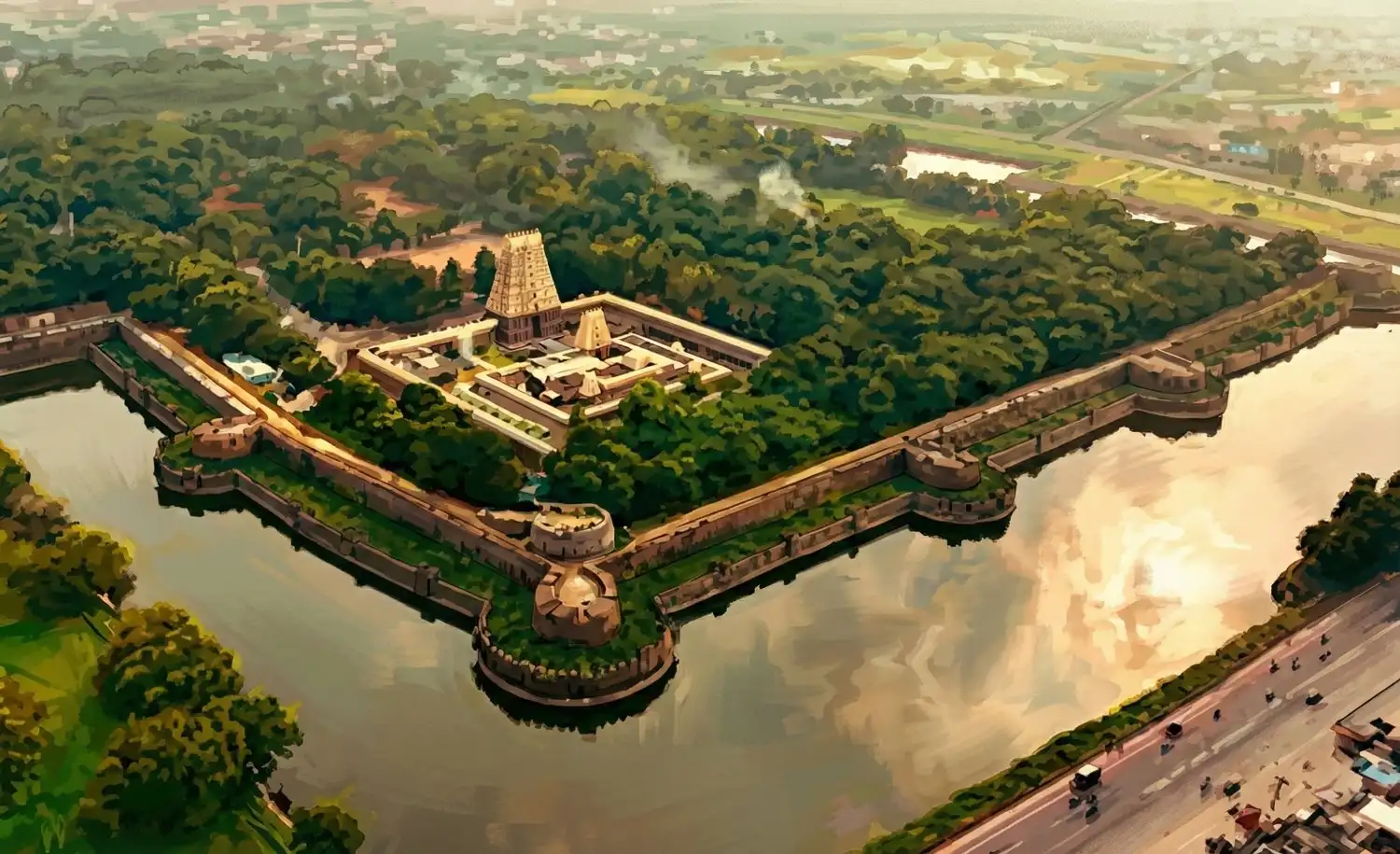Aerial view of Vellore Fort surrounded by water and greenery, capturing a day in Vellore with its historic temple complex and calm city atmosphere near JK Inn Hotel Vellore