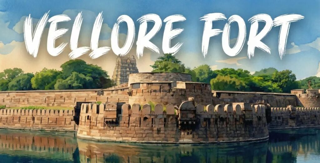 Vellore Fort surrounded by a water moat, highlighting historic stone walls and heritage architecture during a day in Vellore, located near JK Inn Hotel Vellore