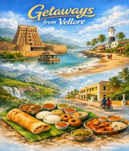 Illustration showing popular getaway destinations from Vellore including temples, beaches, hills, waterfalls and South Indian food representing trips to Yelagiri, Hogenakkal Falls and Puducherry