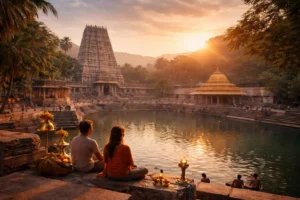 A couple meditating by a serene temple pond in Vellore at sunset, with a grand gopuram-style temple tower and devotees in the background, capturing the essence of spiritual tourism in Vellore.