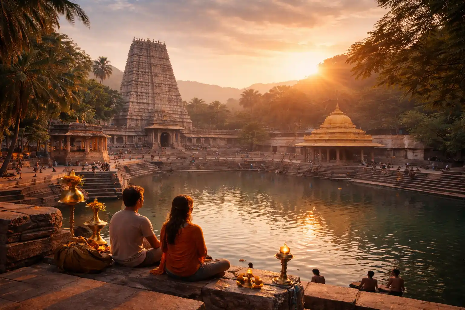 A couple meditating by a serene temple pond in Vellore at sunset, with a grand gopuram-style temple tower and devotees in the background, capturing the essence of spiritual tourism in Vellore.