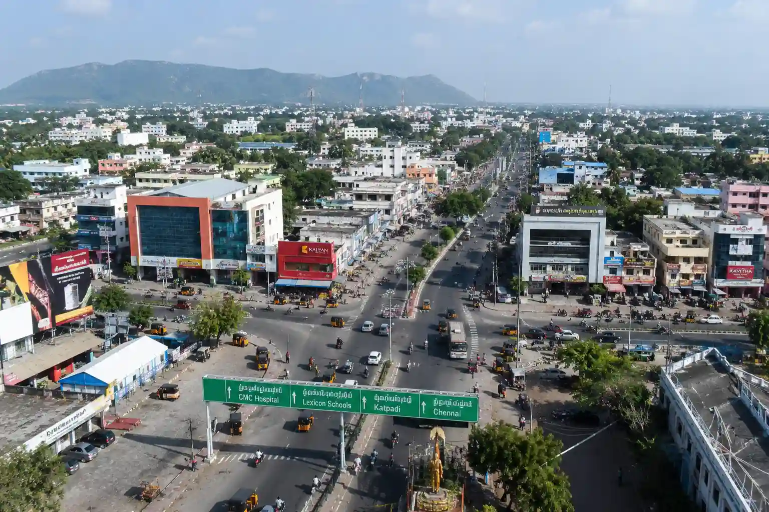 Aerial city view of Thottapalayam Vellore showing Old Bypass Road connectivity near CMC Hospital, transport routes, and accommodation areas close to JK Inn Vellore.