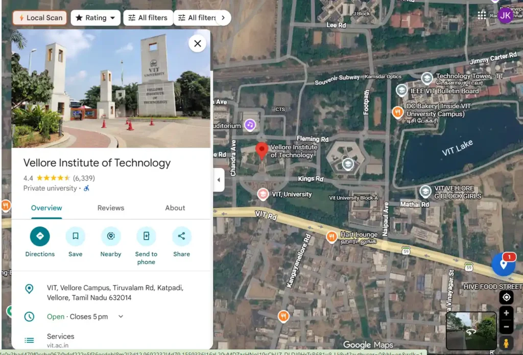 Google Maps satellite view of VIT Vellore (Vellore Institute of Technology) campus in Katpadi, Vellore, Tamil Nadu, showing the university location, VIT Lake, campus roads, and nearby landmarks.