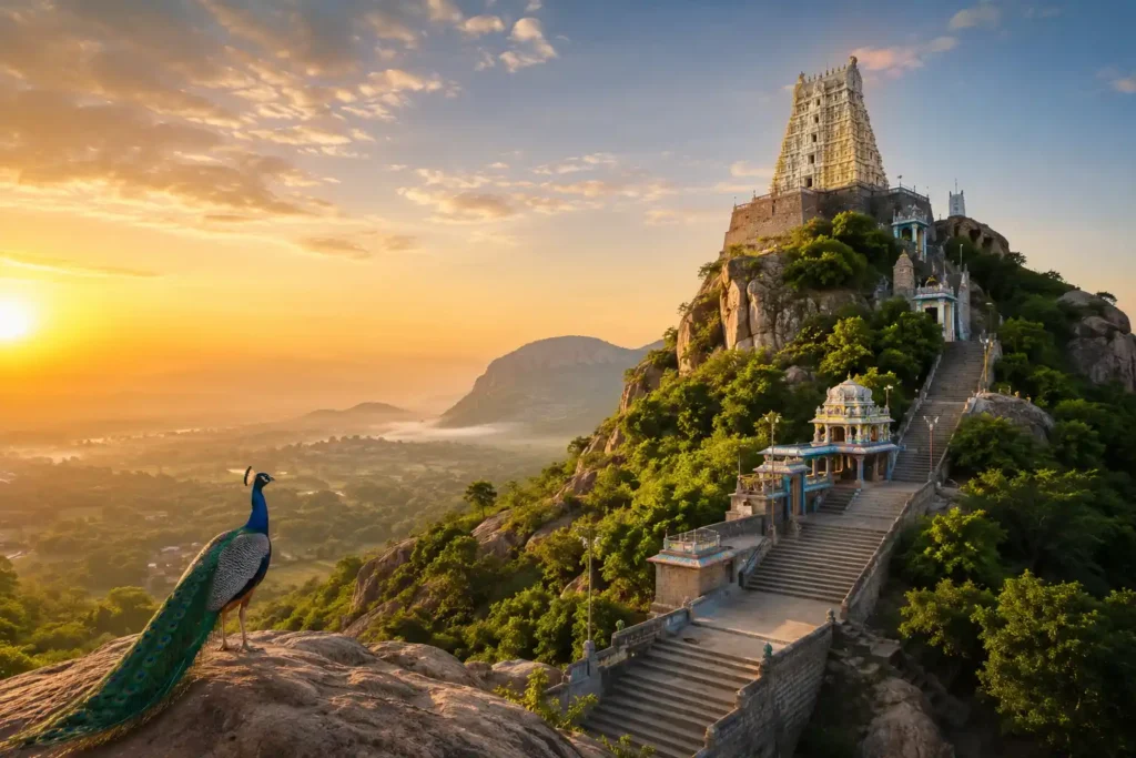 Vallimalai Murugan Temple in Vellore with scenic hilltop views, located near JK Inn Hotel Vellore, a convenient hotel near Vallimalai Murugan Temple Vellore.