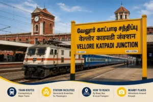 Katpadi Railway Station platform with bilingual signboard reading Vellore Katpadi Junction