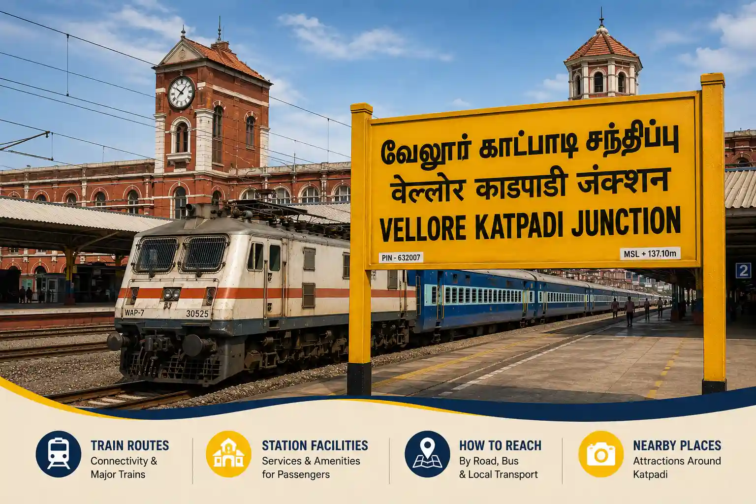 Katpadi Railway Station platform with bilingual signboard reading Vellore Katpadi Junction