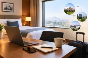 Business hotel in Vellore with a modern workspace, laptop, and comfortable room for corporate travellers visiting CMC Vellore, VIT University, and Ranipet SIPCOT Industrial Park.
