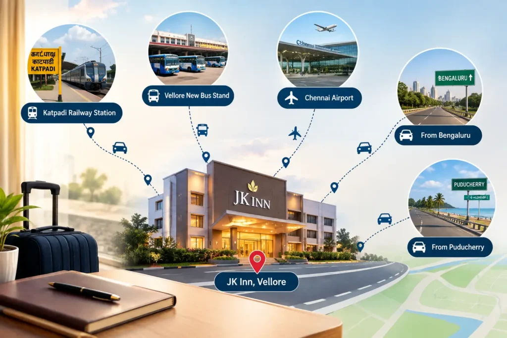 Route map showing how to reach JK Inn Business Hotel in Vellore from Katpadi Railway Station, Vellore New Bus Stand, Chennai Airport, Bengaluru, and Puducherry