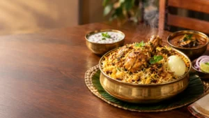 Steaming Tamil-style chicken biriyani with seeraga samba rice, boiled egg, onion raita and brinjal gravy on a traditional serving table in Vellore.